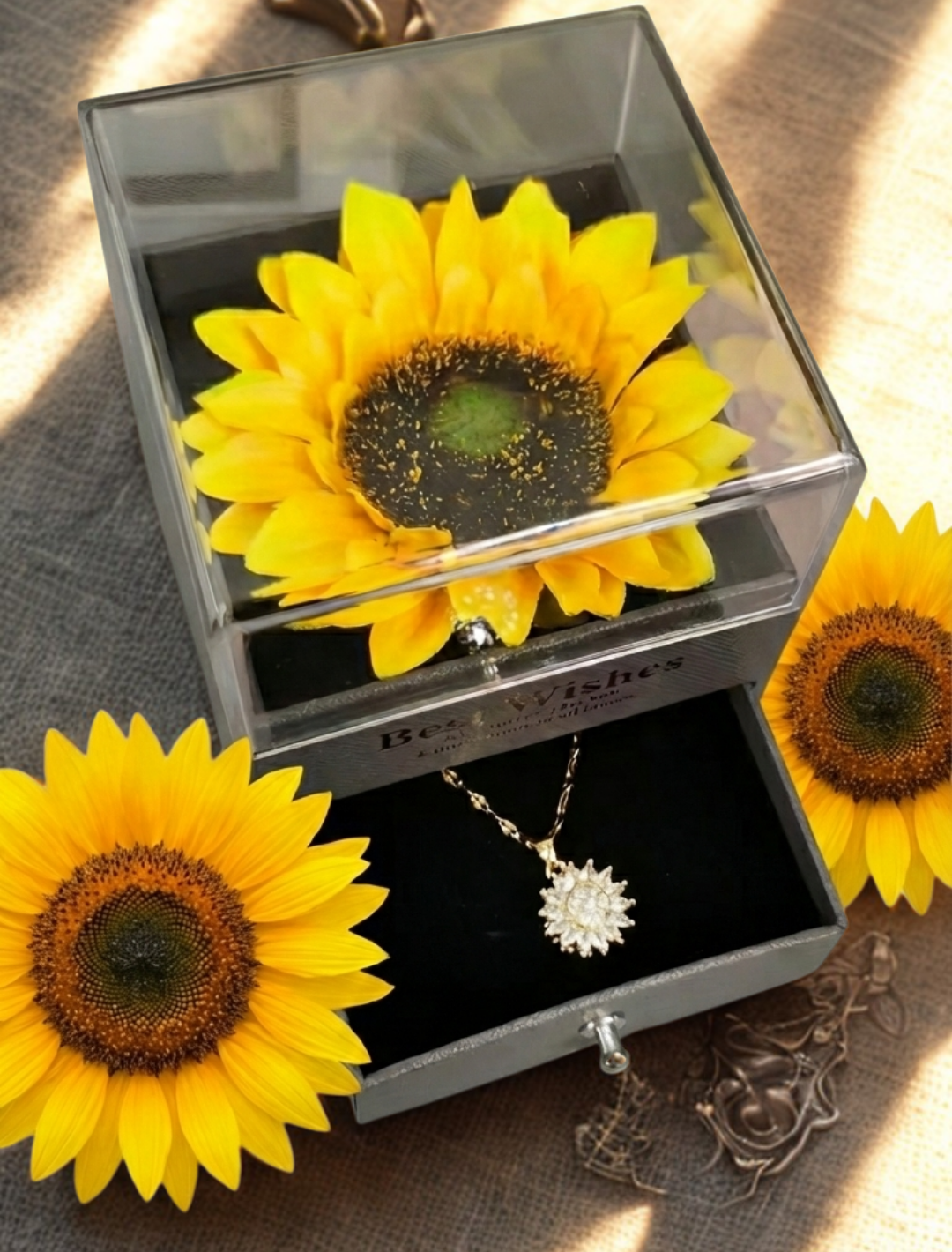 Set Girasoles: Collar Girasol Giratorio + Caja de Girasol🌻✨