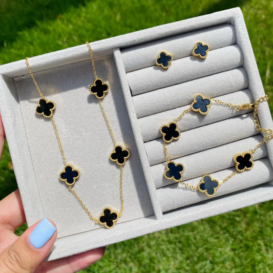 Set Van Cleef: Collar 5 Tréboles + Pulsera + Aretes, Todo Bañado en Oro + Caja Regalo