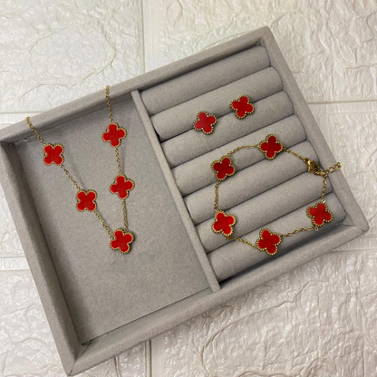 Set Van Cleef: Collar 5 Tréboles + Pulsera + Aretes, Todo Bañado en Oro + Caja Regalo