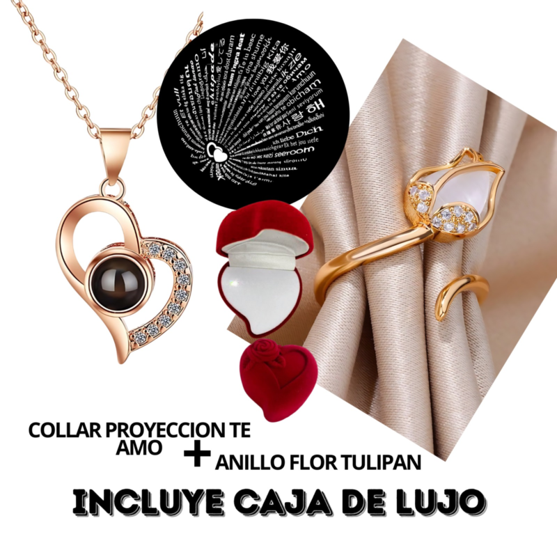 Combo Collar de Te Amo en 100 Idiomas + Anillo Flor Tulipan + Caja de Lujo