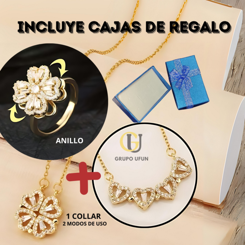 Combo Anillo Trebol + Collar Corazon (2 estilos de uso) + Caja de Regalo